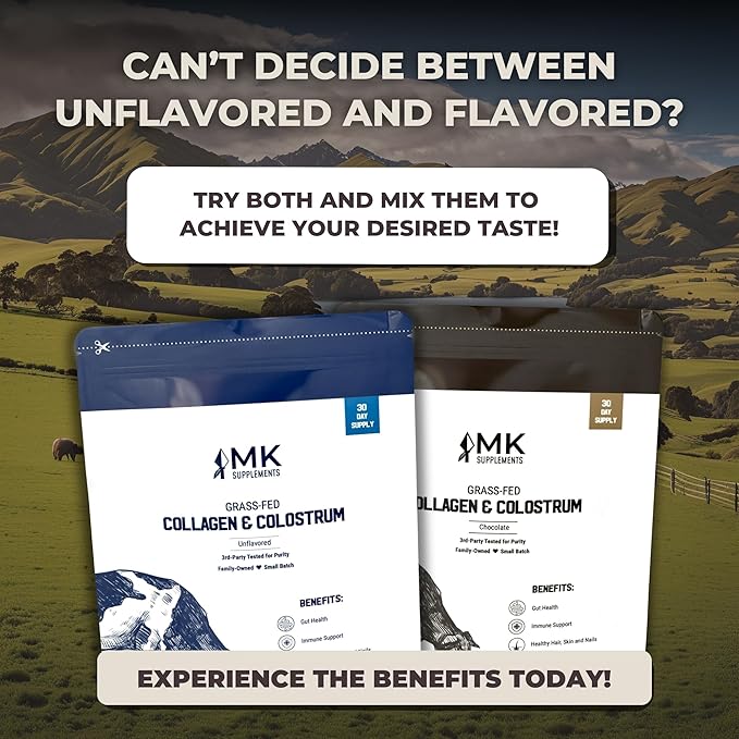 MK Supplements Collagen &amp Colostrum – Grass-Fed Collagen Peptides &amp Colostrum Powder for Hair Nail Skin Bone &amp Joint Health Chocolate Flavor + Monk Fruit