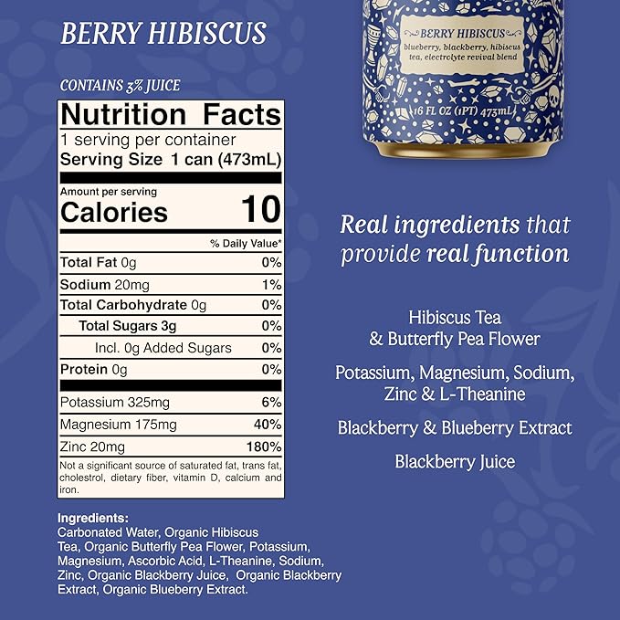 Corpse Reviver: Electrolyte Hydration Drink | Organic Non-Alcoholic 175mg Magnesium 325mg Potassium 75mg L-Theanine 20mg Zinc 20mg Sodium (Canned Flavored Sparkling Water) Berry Hibiscus 12-Pac