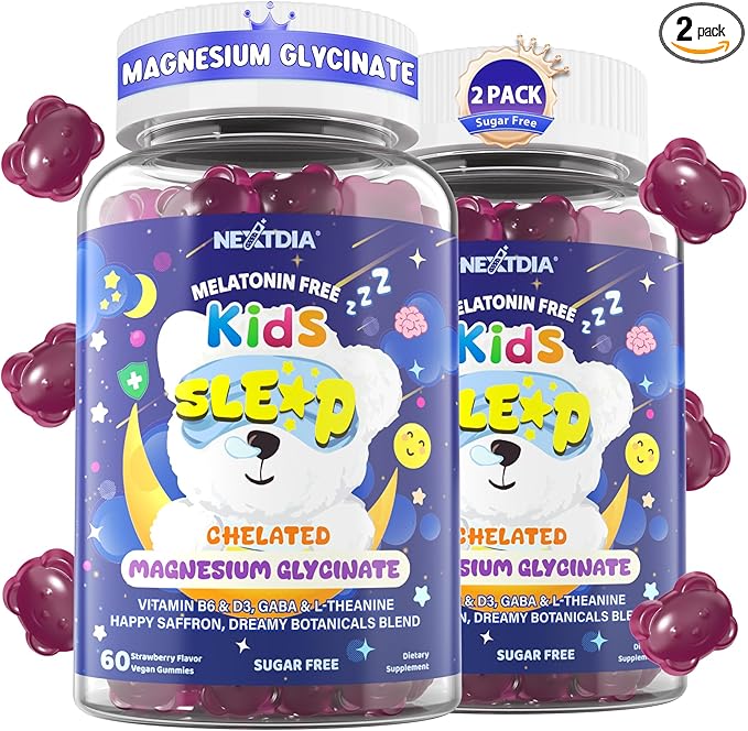 Kids Sleep Gummies NO Melatonin - Triple Magnesium Glycinate + Saffron GABA Berry &amp Nut Superfood Gummies Sugar Free Nighttime Sleep Aid &amp Calm for Kids 4+ Restful Sleep Brain &amp Muscl