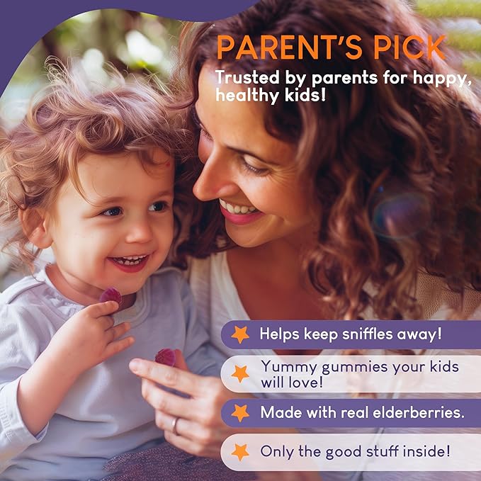 Sugar-Free Kids Elderberry Gummies with Vitamin C &amp Zinc – Daily Immune Support Supplement for Children Sambucus Antioxidant Vegan 60 Ct