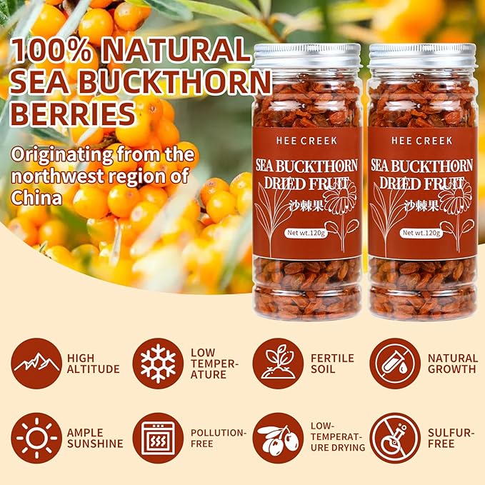 Hee Creek Dried Sea Buckthorn Fruit 240g/8.47oz Dried Sea Buckthorn Berries for Tea Sulfur Free No Sugar Added High Nutritious 沙棘果 沙棘干