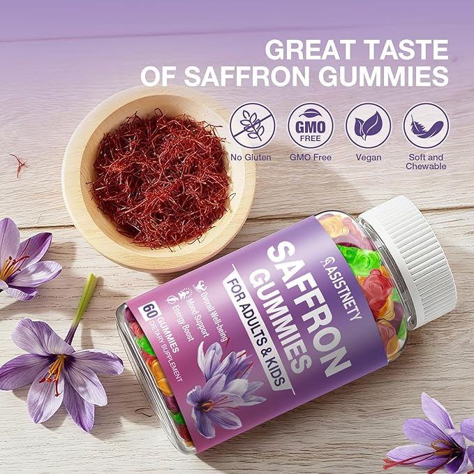 Saffron Gummies for Kids &amp Adults 88.5mg Saffron Extract Cαlm Focus &amp Mood Support Saffron Supplement with L-Theanine St.John's Wort Lemon Balm Vitamin D3 Magnesium Gentle Nerve &amp