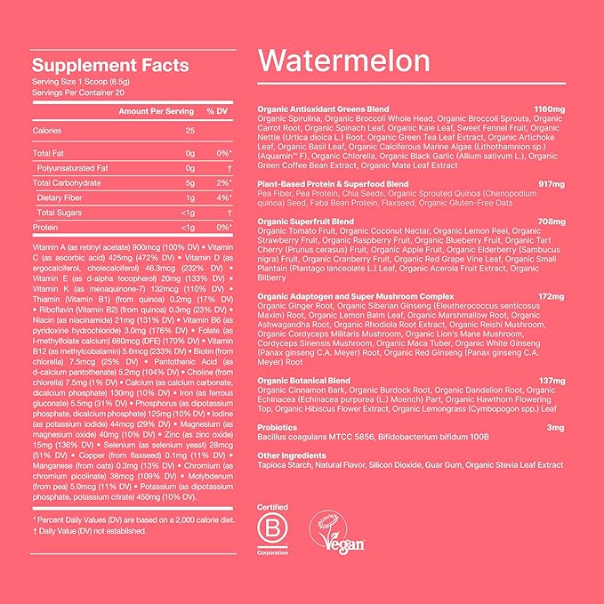 Huel Daily Greens Single Serve Watermelon| Superfood Greens Powder | 91 Vitamins Minerals and Wholefood-Sourced Ingredients | Adaptogens Antioxidants Gut-Friendly Probiotics | 12 Pack