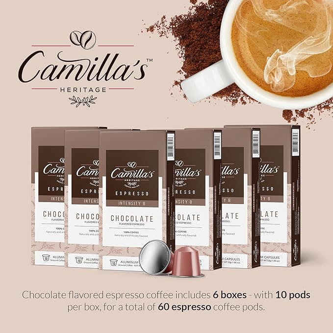 Camilla’s Heritage - Intensity 8 Chocolate Flavored Espresso Coffee Gourmet Espresso Cups 60 Coffee Pods