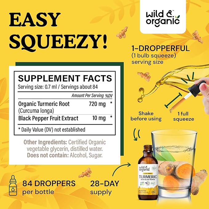 Wild &amp Organic Turmeric Supplement Liquid - Joint Support - Turmeric Curcumin with Black Pepper Extract - Curcumin Root Drops - Vegan Sugar &amp Alcohol-Free Tincture - 2 fl oz
