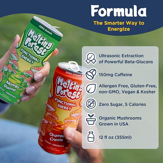 Melting Forest Mushroom Energy Drink 150mg of Caffeine L-Theanine Cordyceps &amp Lion's Mane Energy &amp Focus Cognitive Function &amp Mental Clarity Variety Pack (12 Pack)