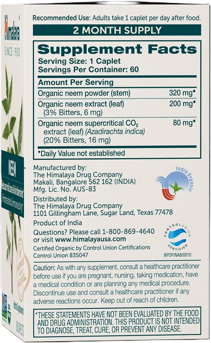 Himalaya Organic Neem 60 Day Supply - Herbal Acne Supplements Supporting Clear Skin and Detox - USDA Organic Vegan Non-GMO Gluten Free 600 mg 60 Caplets
