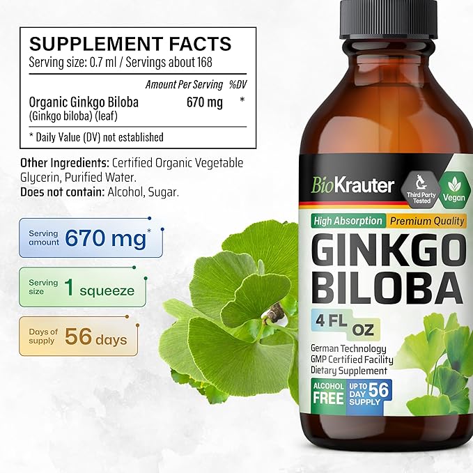 BIO KRAUTER® Ginkgo Biloba for Brain Support - Pure Vegan Ginkgo Biloba Supplement 670 mg - Supports Calm Focus &amp Memory - Alcohol &amp Sugar Free 4 Fl.Oz 56-Day Supply Liquid Drops for Brain