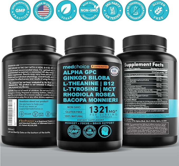 12-in-1 Nootropic Brain Supplement with Caffeine Anhydrous - Ginkgo Biloba for Brain Support Memory Focus - B12 Alpha GPC L Theanine Choline Supplements with Bioperine 1321mg (60ct Pack of 2)