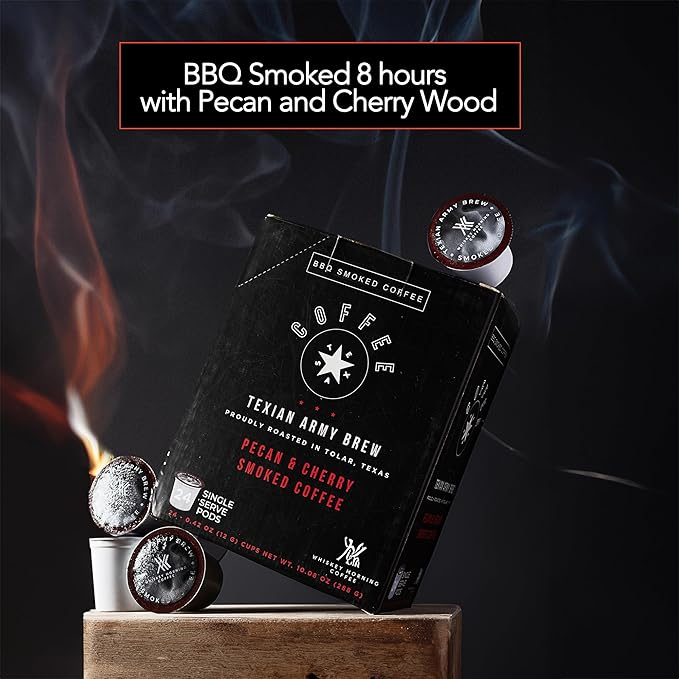 Whiskey Morning Coffee Texian Army Brew Double Smoked Dark Roast Coffee Pods Small Batch Fire Roasted with Pecan Wood &amp Cold Smoked with Cherry Wood 24 Count Bold &amp Strong Single Serve Pods