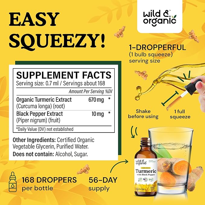 Wild &amp Organic Turmeric Tincture - Turmeric Curcumin with Black Pepper Extract - Mobility Support Supplement - Curcumin Root Liquid Drops - Vegan Sugar &amp Alcohol-Free - 4 fl oz
