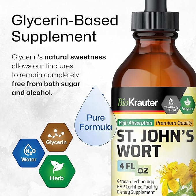 BIO KRAUTER® St Johns Wort for Calm &amp Mood Support - Vegan St. John's Wort for Relaxation &amp Emotional Wellness Support - Calm Drops 4 Fl.Oz. 56-Day Supply Alcohol &amp Sugar Free Herbal Sup