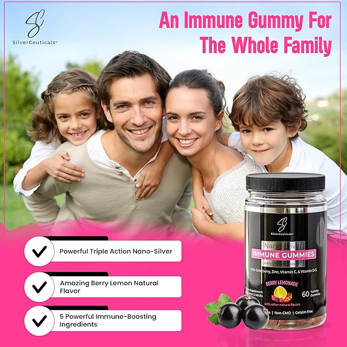 Immune Gummies - Sambucus Elderberry - Vitamin C &amp D - Zinc - Save Your Sick Days - Kids &amp Adults - Safe Ages 4 &amp Up - Nano Colloidal Silver - Gluten &amp Gelatin Free Non-GMO - Berry Lem