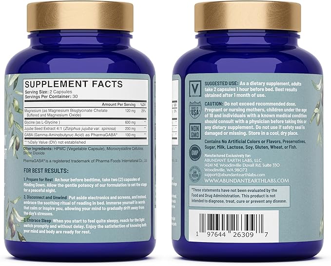 Abundant Earth Natural Sleep Aid for Adults Minding Down Sleep Support Supplement Max Strength Deep Sleep Supplement Without Melatonin to Calm &amp Restore The Sleeping Cycle + Magnesium GABA 60ct