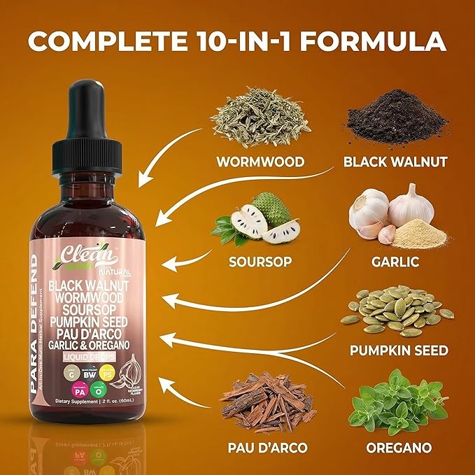 para Defend Wormwood Black Walnut Cleanse for Humans Drops Liquid Soursop Garlic Pumpkin Seed PAU D'Arco Oil of Oregano Turmeric Berberine Neem Extract Hull Bark Tincture by Clean Nutra