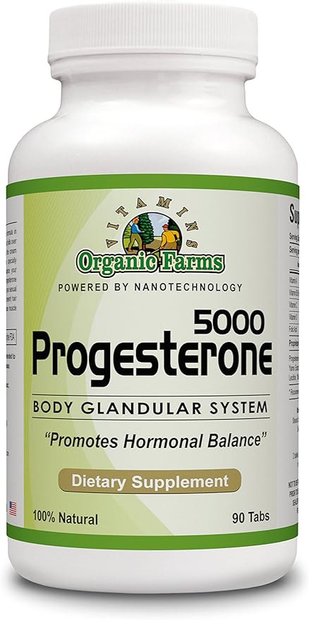 Organic Farm Vitamins Progesterone 5000 - Body glandular System Dietary Supplement 100% Natural Progesterone Pills - Formula to Balance Hormones - progesterone Supplement 90 Tablets
