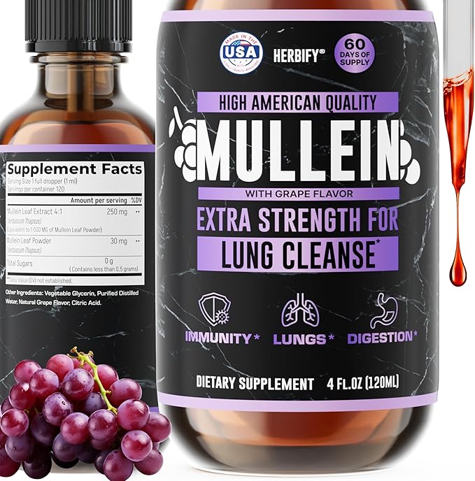 HERBIFY Mullein Drops - Lung Cleanse - Leaf Extract - Powerful Mullein for Immune Support Detox &amp Respiratory Support - Made in USA - Herbal Supplements - 4 Oz Grape Flavor