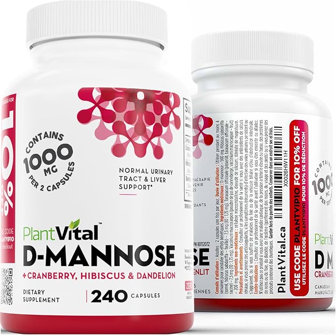 Plantvital D Mannose Capsules with Cranberry - D-mannose 1000mg Capsules - High Potency for Bladder Kidney and Urinary Tract Support. Cranberry Powder with Hibiscus and Dandelion.4 Months Supply