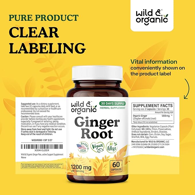 Wild &amp Organic Ginger Root Capsules 1200 mg - Immune &amp Digestive Support - Natural Ginger Supplements - Zingiber Officinale Powder - 30 Days of Supply - Vegan No Fillers Non-GMO - 60 Count