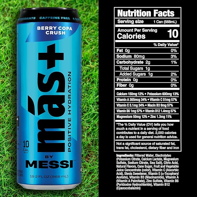 Más+ By Messi 19.2oz Berry Copa Crush Sports Drink &amp Hydration Beverage Natural Flavors with Vitamins and Electrolytes No Artifical Sweeteners or Colors 12-pack