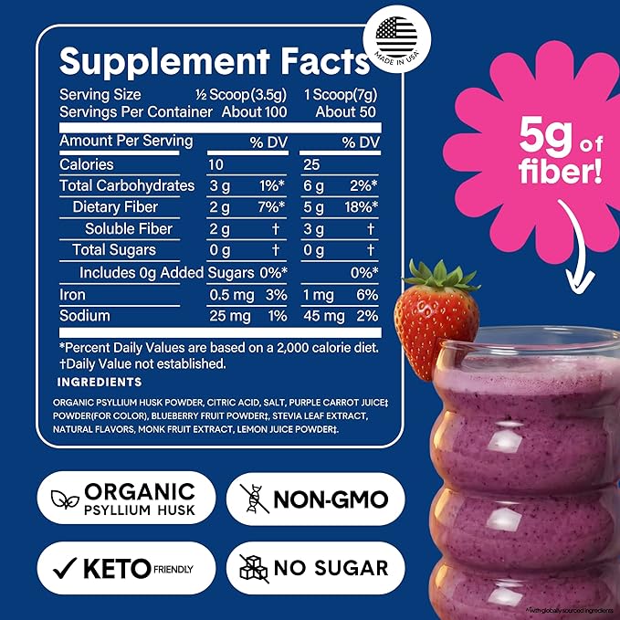 Bellway Super Fiber Powder + Fruit Sugar Free Organic Psyllium Husk Powder Fiber Supplement for Regularity Bloating Relief &amp Digestive Health Plant-Based Wild Berry (50 Servings)
