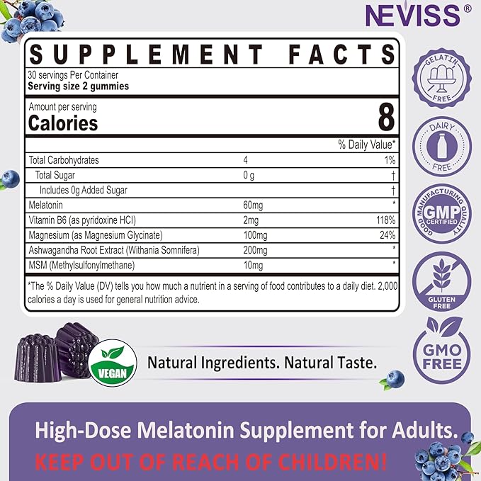 Antioxidant &amp Brain Support Melatonin 60mg 30mg for 50+ Adults | High Dose Melatonin for Anti-Aging &amp Immune | Extra Strength Melatonin Gummies with B6 Ashwagandha Magnesium MSM - 60 Gummie