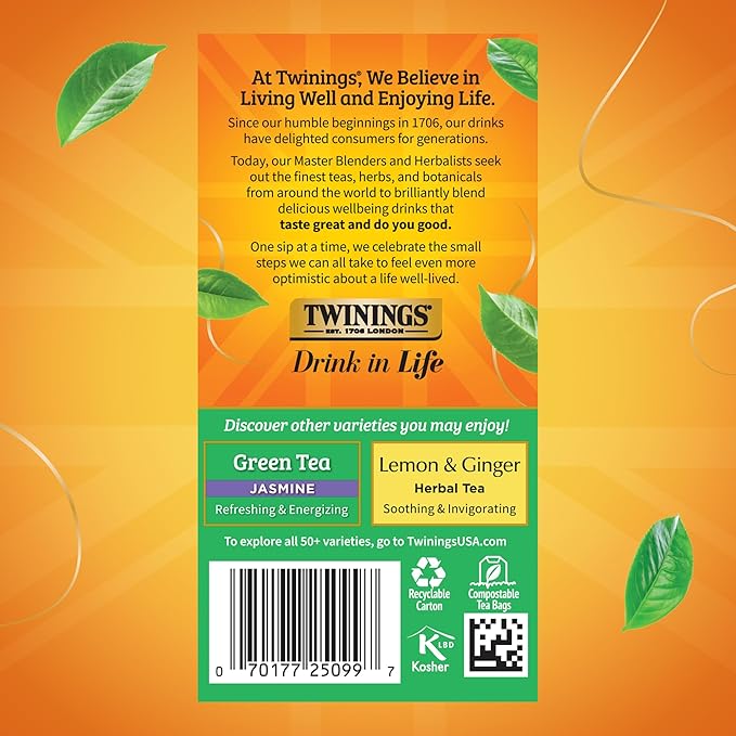 Twinings Green Tea with Lemon Individually Wrapped Bags 20 Count (Pack of 6) Zesty Citrus Aroma &amp Flavour Caffeinated Enjoy Hot or Iced 120 Teabags
