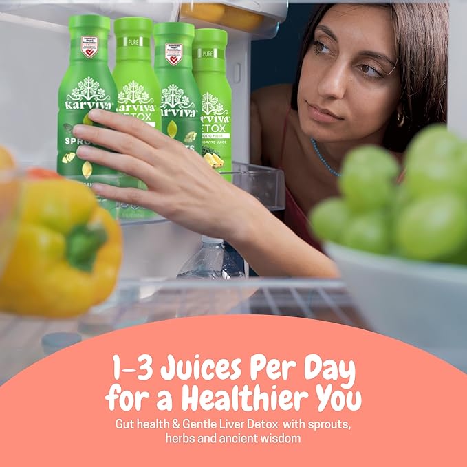 Karviva Organic Juice Cleanse for Liver Detox &amp Hormone Health - Ancient Remedies with Broccoli Sprouts Aloe Vera Kale Kiwi Ginger - Low-Sugar Prebiotic Fiber Antioxidants (6 BPA-Free Toxi