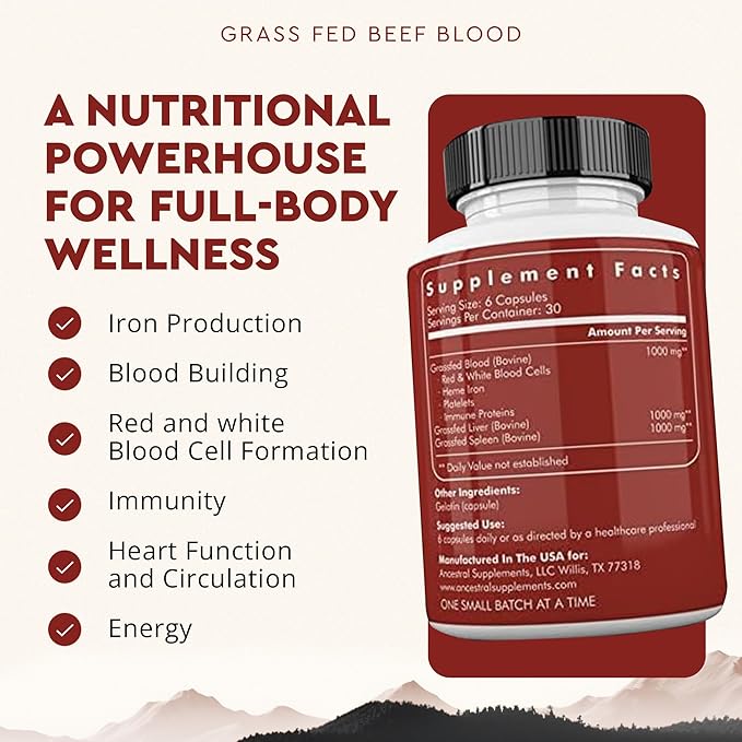 Ancestral Supplements Grass Fed Blood is Blood Liver &amp Spleen Formula 500mg Grass Fed Beef Supplement Red &amp White Blood Cell Formation Immune and Heart Health Support Non GMO 180 Capsul
