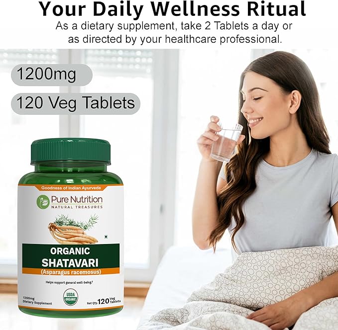 Pure Nutrition Organic Shatavari Tablets - 1200mg | 120 Count | USDA Organic | Promotes hormonal Balance &amp Female Reproductive Health | Non-GMO | Gluten-Free