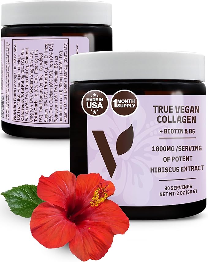 True Vegan Collagen - Antioxidant-Rich Supplement of Pure Organic Hibiscus Powder for Hair &amp Skin - Plant Based &amp Cruelty Free with Biotin &amp B5-2 oz 30 Servings per Bottle