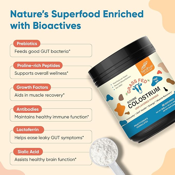 Sandhu's Grass Fed Bovine Colostrum Powder for Humans Adults | 30 Servings (Pack of 1) Cows Supplement | High IgG for Gut Health | Immunity &amp Muscle Recovery Support | Unflavored | for Men &amp