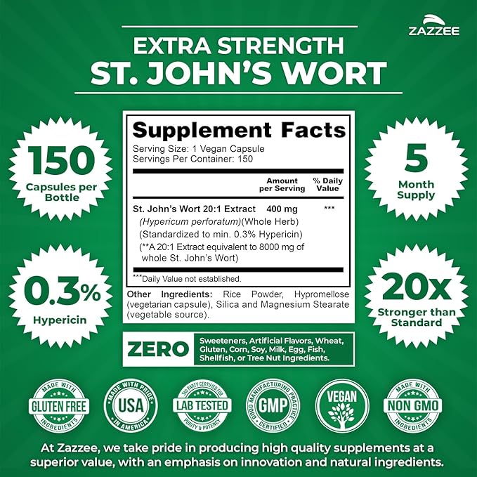 Zazzee Extra Strength St. John’s Wort 20:1 Extract 0.3% Hypericin 150 Vegan Capsules 5 Month Supply Hypericum Perforatum Mood &amp Emotional Wellness Support Herbal Supplement Non-GMO Made in
