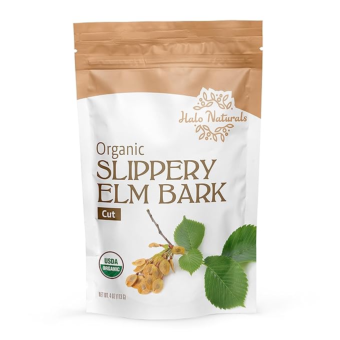 Halo Naturals Organic Slippery Elm Bark Cut 4 Ounces (Ulmus rubra) USDA Certified | Resealable Pouch| Packaged in The USA (Pack of 1)