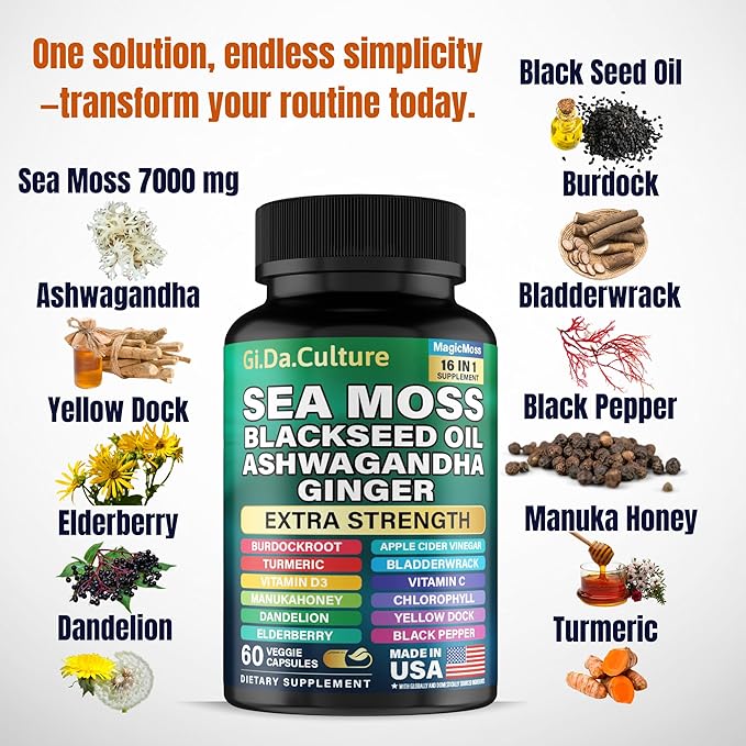 Organic Sea Moss Capsules - Organic Irish Sea Moss Black Seed Oil Ashwagandha Ginger Burdock Root Bladderwrack Turmeric Black Pepper Vitamin C D3-60 Veggie Capsules for Men &amp Women