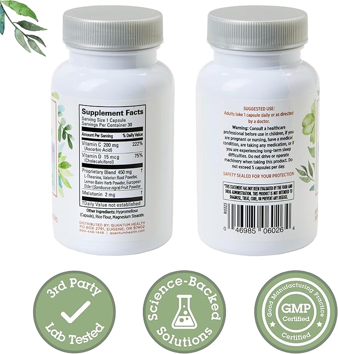 Quantum Health Sleep Immune Support Supplement Melatonin 2mg L Theanine &amp Valerian Root Plus Elderberry Vitamin C &amp D Immunity Boost - 30 Capsules