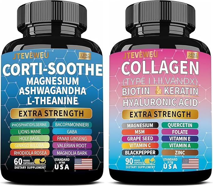 Shining Serenity Set Cortisol Support with Ashwagandha L-Theanine Magnesium Lions Mane GABA Bacopa Monnieri Collagen Biotin Keratin Hyaluronic Acid Quercetin