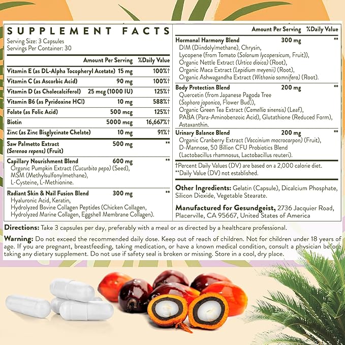 Saw Palmetto for Women Hair Loss - DHT Blocker with 5-in-1 Blend for Hair Growth Skin &amp Nails Urinary Wellness - Extra Strength Saw Palmetto Supplement - 180 Capsules