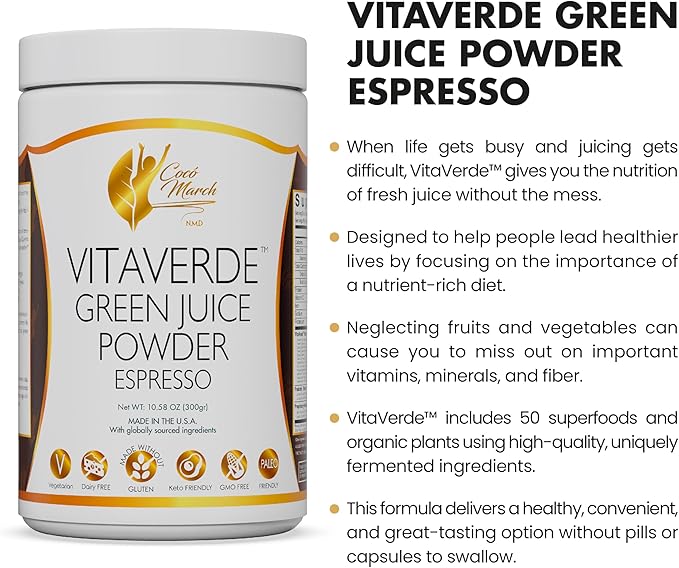 Coco March VitaVerde Green Juice Powder 50 Superfoods Enzymes &amp Probiotics- Espresso Flavor Organic Plants - Vegan Paleo Friendly Dairy Free Keto Friendly GMO Free 10.58 oz 300 g