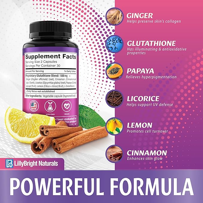 Glutathione Capsules - 1500mcg L-Glutathione Supplement with Vitamin C - Skin Tone Enhancer - Targets Dark Spots &amp Acne Marks - Antioxidant Supplement for Beauty &amp Health Support - 60 Skin Pi