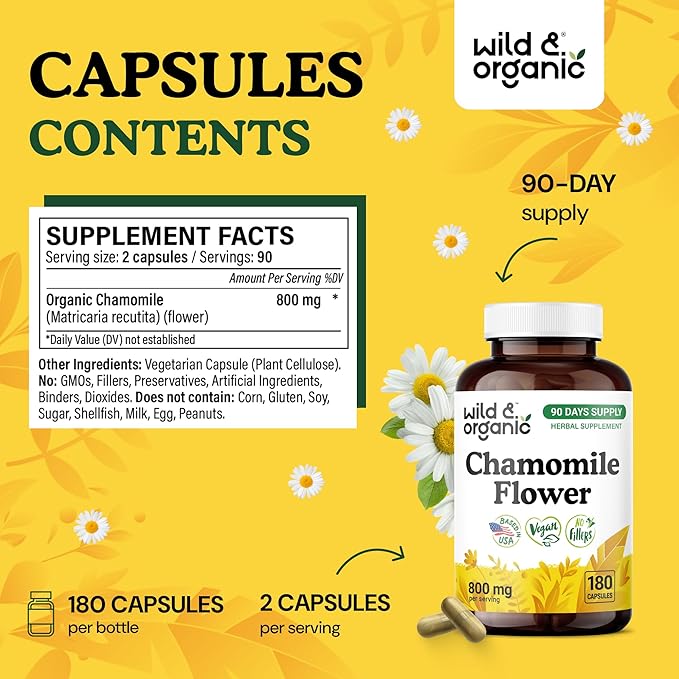 Wild &amp Organic Chamomile Extract Capsules 800 mg - Relaxation &amp Digestive Support - Chamomile Powder Supplement - Matricaria Recutita Herb - Vegan No Fillers Non-GMO - 180 Count
