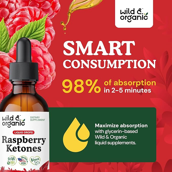 Wild &amp Organic Raspberry Ketones Extract Tincture - Liquid Raspberry Ketones Supplement - 2-Month Supply - Vegan Sugar &amp Alcohol-Free - 2 fl oz