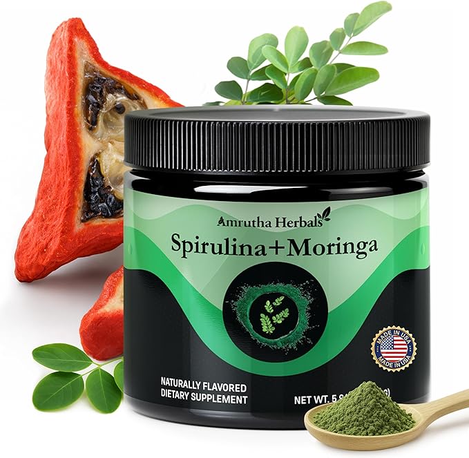 Organic Spirulina + Organic Moringa Greens Powder Gluten-Free Vegan Friendly Detox &amp Digest Superfoods 30 Servings Made in USA