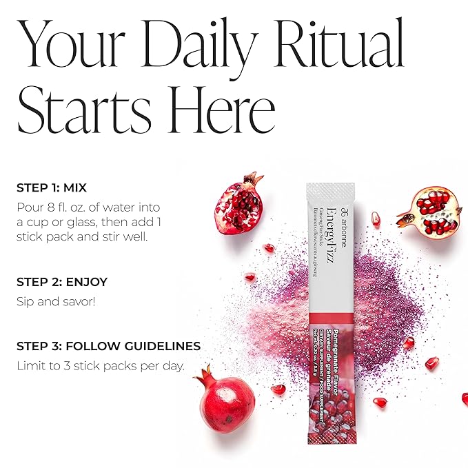 Arbonne Ginseng Energy Supplements - PomegranateFlavor Fizz Sticks Energy Boost with Caffeine Powder from Guarana and Green Tea Delicious Alternative to Caffeine Pills