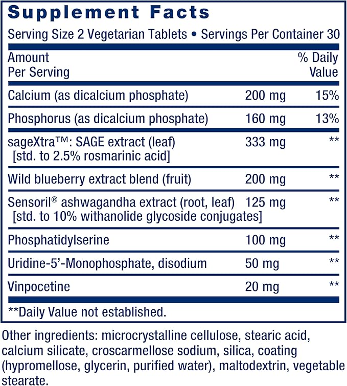 Life Extension Cognitex® Elite sage Blueberry ashwagandha phosphatidylserine vinpocetine Attention Focus Mood &amp Memory Gluten-Free Non-GMO Vegetarian 60 Tablets