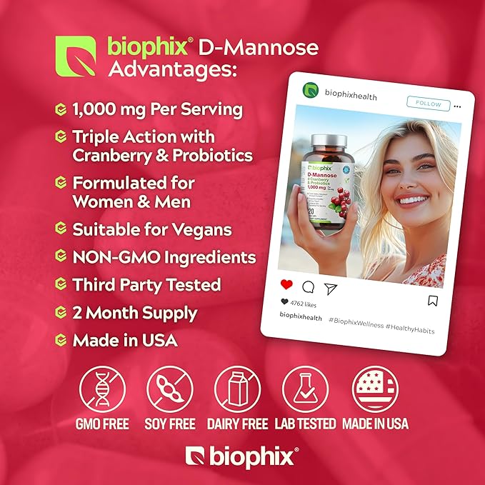 biophix D-Mannose 1000mg Capsules with Cranberry &amp Probiotics - D Mannose Supplements for Women - D-Mannose Pills for Urinary Tract &amp Bladder Health Support - Digestive Well-Being - 120 Vcaps