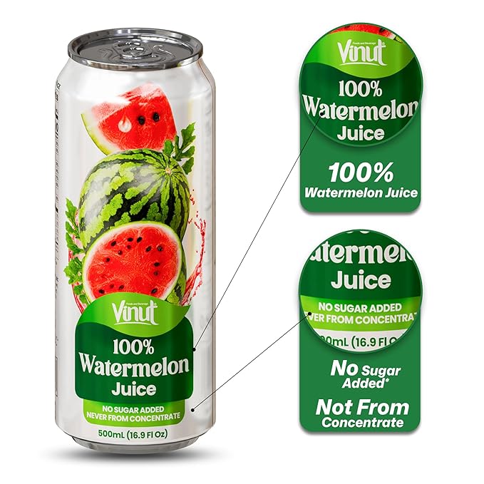 VINUT 100% Watermelon Juice No Added Sugar Not From Concentrate 16.9 fl oz (500 mL) Can Pack of 12