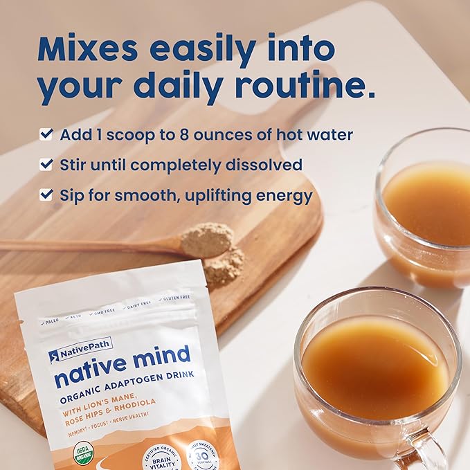 NativePath Native Mind Organic Adaptogen Herbal Support Blend - Organic Mushroom Drink Powder with Lion's Mane Rhodiola &amp Rose HIPS - 30 Servings