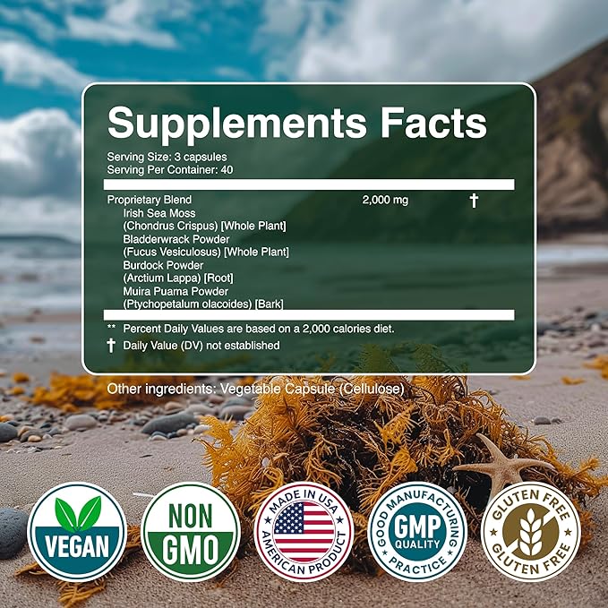 Sea Moss Capsules - Irish Sea Moss Advanced with Burdock Root Bladderwrack &amp Muira Puama for Immunity Gut &amp Energy - Superfood Sea Moss Supplements w/Raw Sea Moss Powder 120 Capsules (3 P