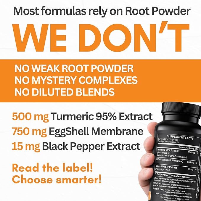 Turmeric Curcumin 95% Extract &amp Collagen Capsules - NEM Promotes Knee Comfort &amp Flexibility - Eggshell Membrane w Naturally Occurring Glucosamine Chondroitin Hyaluronic Acid- Made in USA